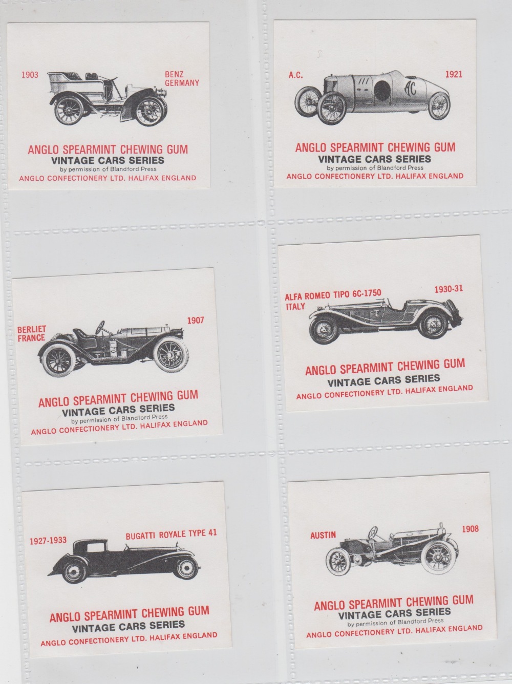 Trade cards, Anglo Confectionery, Vintage Cars Series (set, 24 cards, wrapper style) (vg)