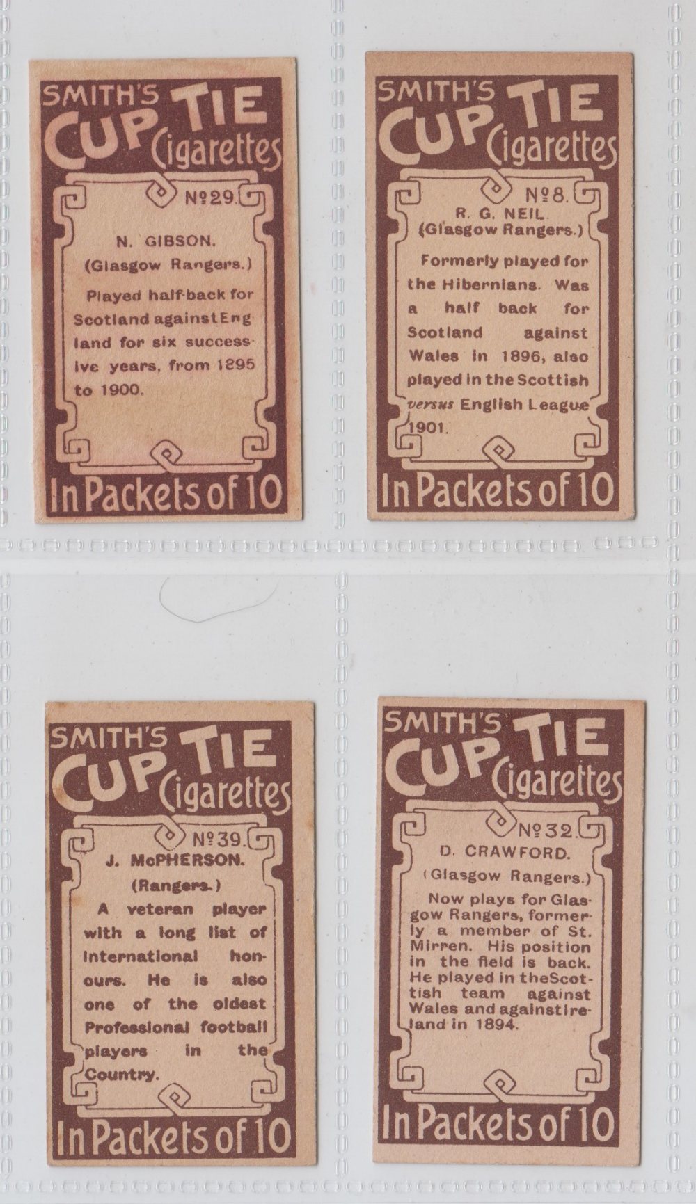 Cigarette cards, Smith's, Footballers (Brown back, 1906), Glasgow Rangers, four cards, no 8 R.G. - Image 2 of 2