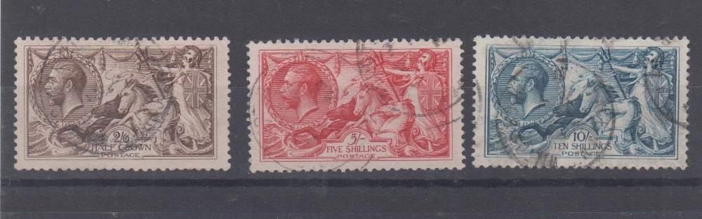 Stamps, GB George V Seahorses 1918-1919 Bradbury Wilkinson printed, used 2/6, 5/- and 10/-, sold