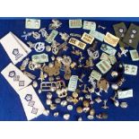 Militaria, 100+ military cap badges, collar dogs, pips, insignia and buttons. Assorted vintage, stay