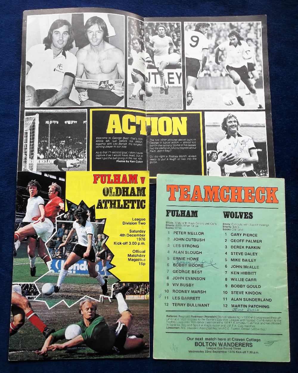 Football autographs, three Fulham FC programmes, two v. Wolves, 11 Sept 1976 & one v Oldham 4 Dec - Image 2 of 3