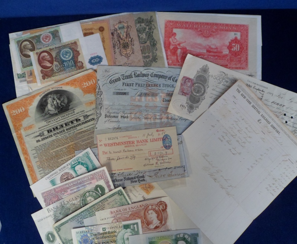 Banknotes etc, cheques, stocks and bonds to include British, Russian and other banknotes, Grand