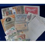 Banknotes etc, cheques, stocks and bonds to include British, Russian and other banknotes, Grand