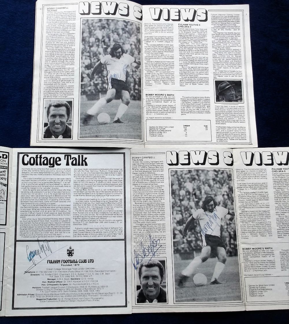 Football autographs, three Fulham FC programmes, two v. Wolves, 11 Sept 1976 & one v Oldham 4 Dec