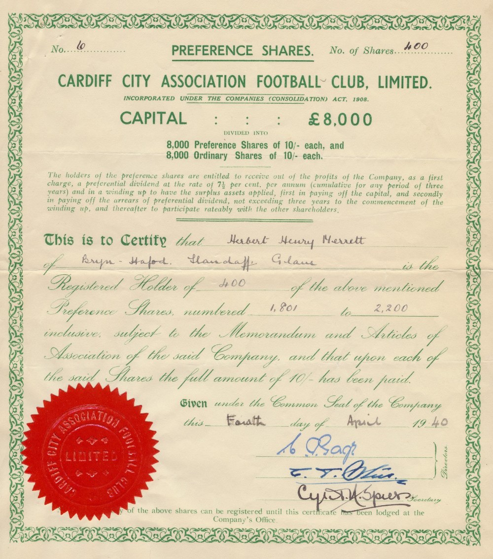 Football, Cardiff City, share certificate number 6 for 400 preference shares, made out to HH Merrett