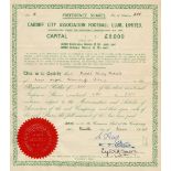 Football, Cardiff City, share certificate number 6 for 400 preference shares, made out to HH Merrett