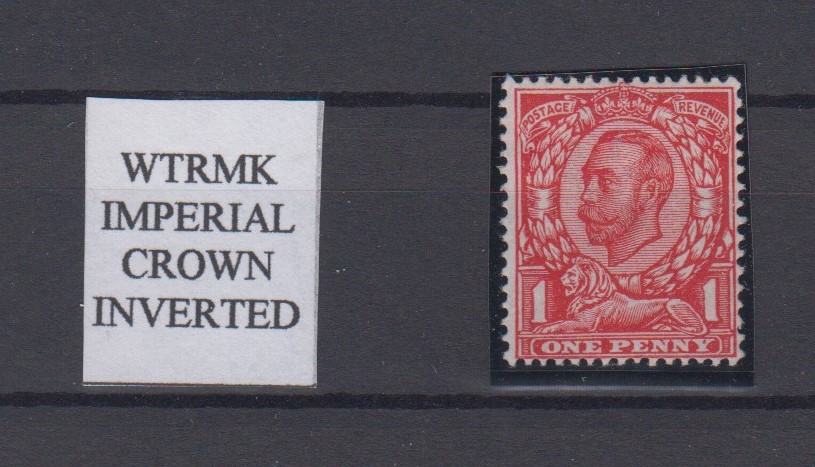 Stamp, GB, 1912 Imperial Crown 1d watermark inverted variety, King George V Downey head SG 341Wi.