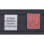 Stamp, GB, 1912 Imperial Crown 1d watermark inverted variety, King George V Downey head SG 341Wi.