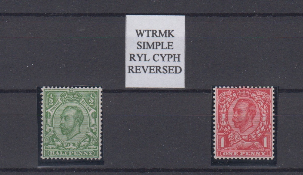 Stamps, GB, 1912 Royal Cypher (Simple), King George V Downey head, pair with watermark reversed