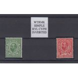 Stamps, GB, 1912 set of 2 watermark Royal Cypher (Simple) 1/2d and 1d King George V Downey heads