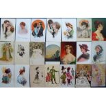 Postcards, a collection of 92 cards of pretty girls and glamour. Artists inc. Woollett, Roland,