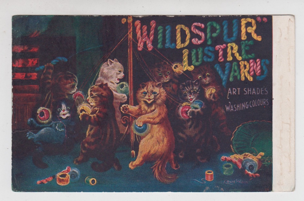 Postcard, Louis Wain advertising card for Wildspur lustre yarns (p.u. 1910, gen gd)