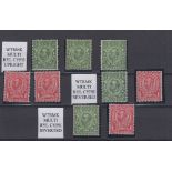 Stamps, GB, 1912 Royal Cypher (Multiple), King George V Downey head, set of 9 with basic shades,