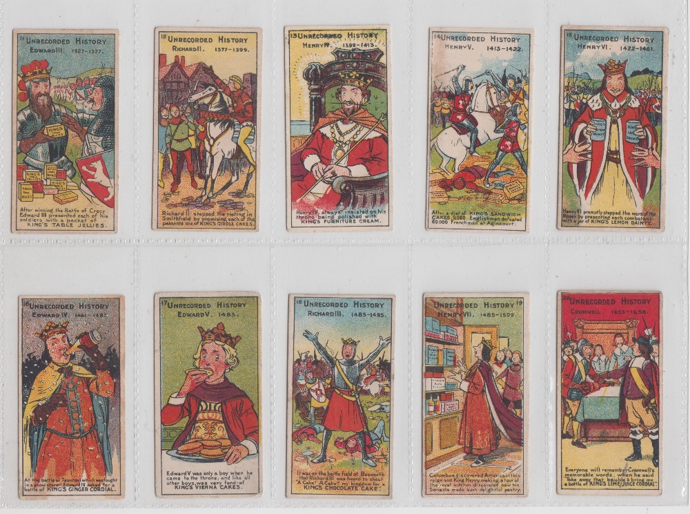 Trade cards, King's Specialities, Unrecorded History, ten cards, nos 11, 12, 13, 14, 15, 16, 17, 18,