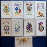 Postcards, 9 embroidered WW1 silks with 5 Regimental badges for Royal Engineers, Middlesex Reg., A.