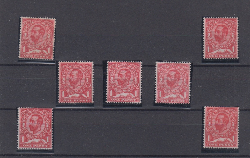 Stamps, GB, 1911-1912 set of 7 1d King George V Downey heads watermark Imperial Crown mint condition
