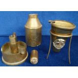 Trench Art, comprising 3 items, a conical ash tray held in a detachable tripod decorated with a bi-