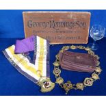 Masonic, memorabilia comprising a 1960 RAOB sash made by L. Simpson of London, a soft leather gold