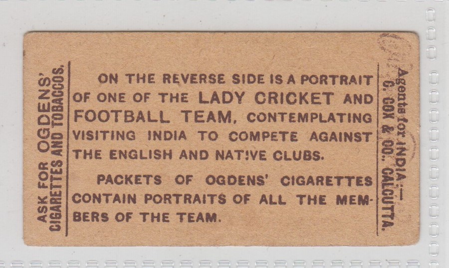 Cigarette card, Ogden's, Cricket & Football Women, (Cox back, brown), type card, ref book 115, - Image 2 of 2