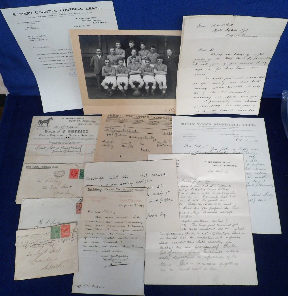 Football, Bury Town, an interesting collection of letters and ephemera relating to the club, 1890'