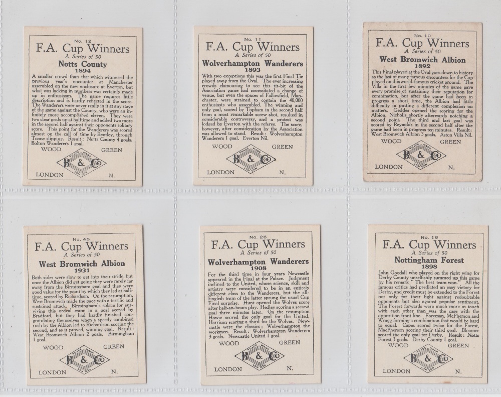 Trade cards, Barratt's, FA Cup Winners, six cards, no 10 WBA 1892, no 11 Wolverhampton Wanderers - Image 2 of 2