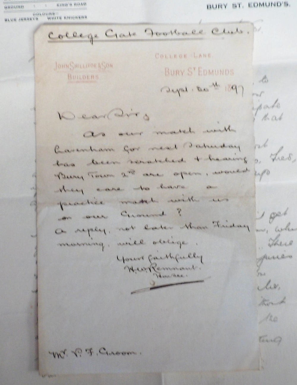 Football, Bury Town, an interesting collection of letters and ephemera relating to the club, 1890' - Image 3 of 3