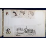 Ephemera, a sketch book containing 20+ accomplished mid 19th C pencil and pen and ink sketches