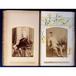 Victorian Cabinet Card Album containing 12 photographs showing a jester, children, family scene etc.