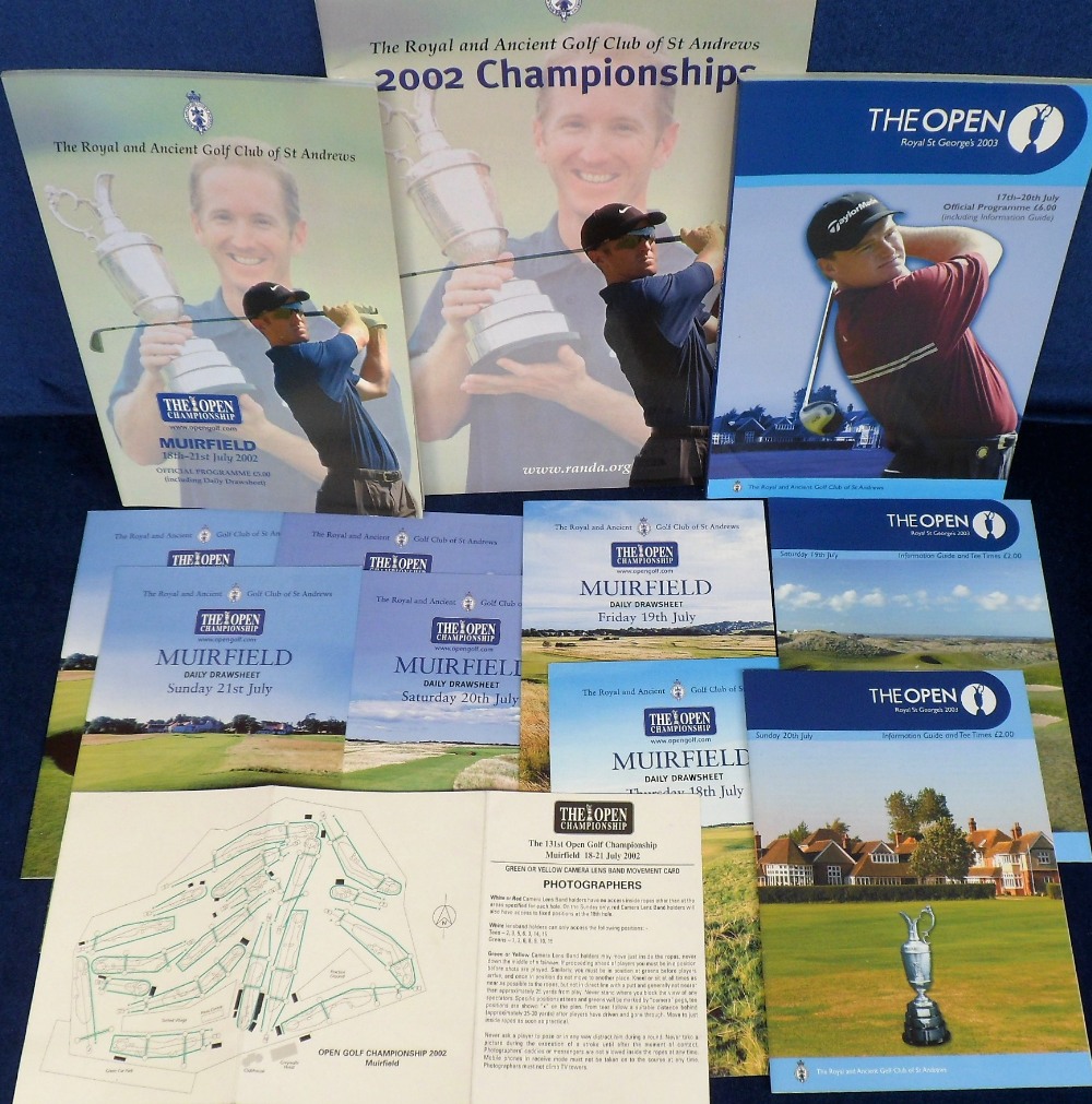 Golf, The British Open, 2002 Royal St Georges & 2003, St Andrews, selection of items inc. Official
