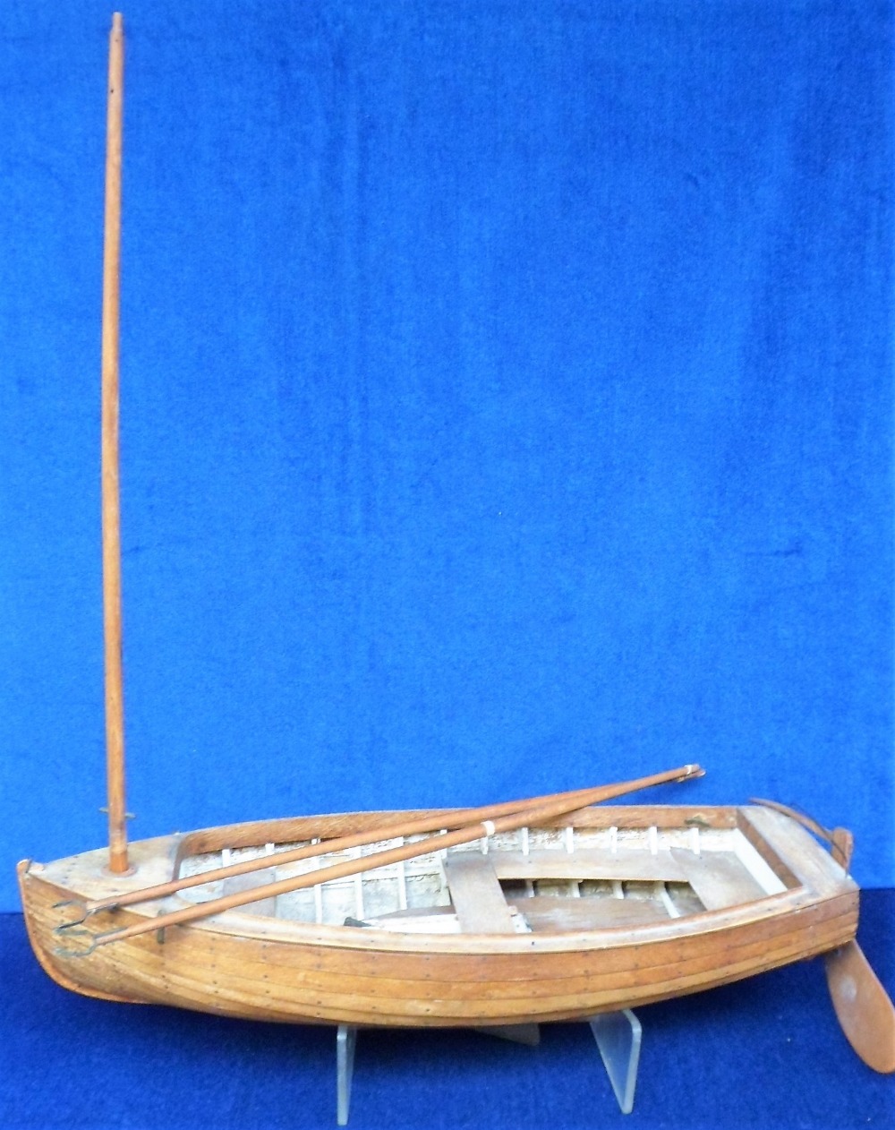 Model Boat, 1930s hand made model clinker built ketch sailing boat and stand (gd)