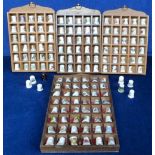 Thimbles, 140+ ceramic thimbles in wooden display cases, subjects include birds, Royalty,