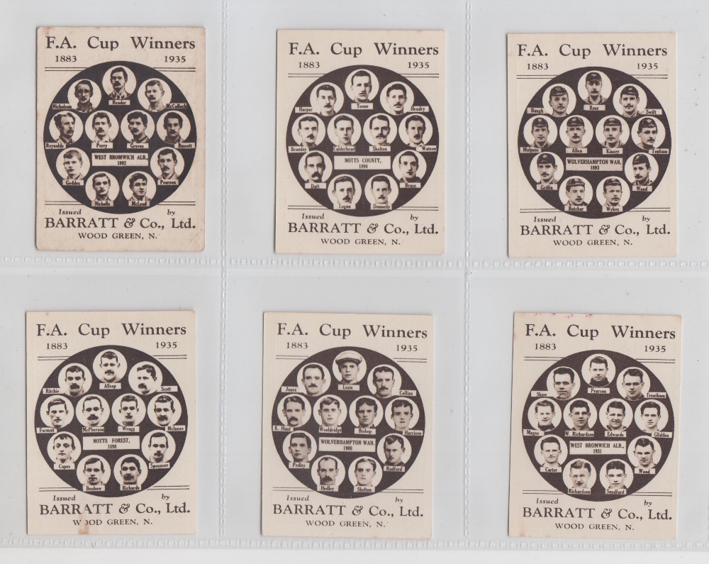 Trade cards, Barratt's, FA Cup Winners, six cards, no 10 WBA 1892, no 11 Wolverhampton Wanderers