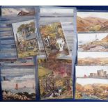 Postcards, a good collection of 160+ Isle of Man illustrated topographical cards. Artists inc. A R