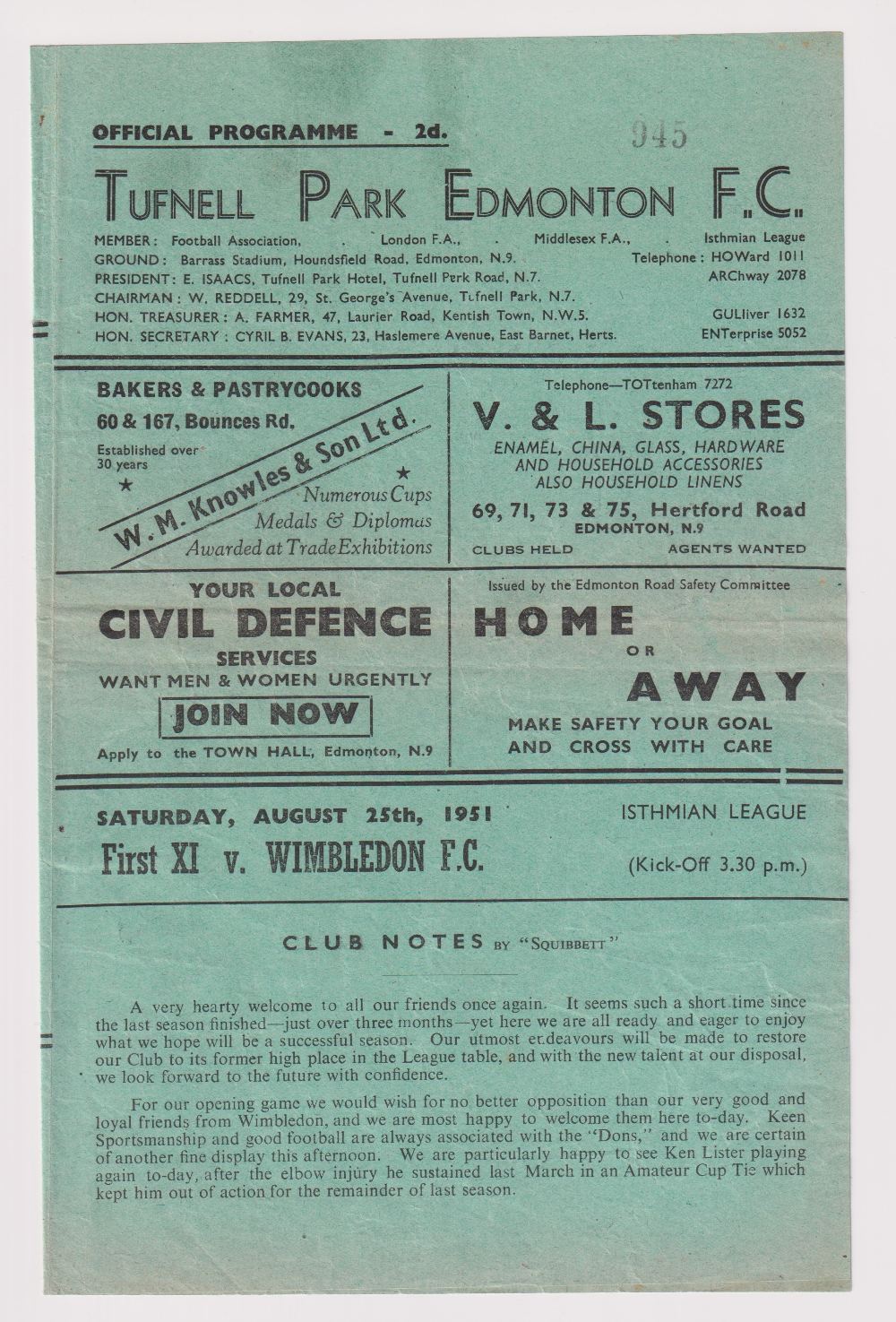 Football programme, Tufnell Park & Edmonton FC v Wimbledon, 25 August 1951, Isthmian League, 4-