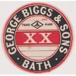 Barrel label, George Biggs & Sons Bath, XX label, circular, 152mm diameter (sl marks otherwise