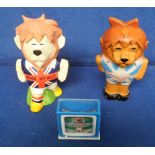 Football, World Cup 1966, 3 World Cup Willy souvenirs, money box, plastic toy and TV snowstorm