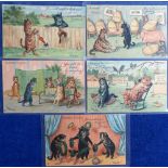 Postcards, a selection of 5 anthropomorphic cat cards illustrated by Louis Wain and published by