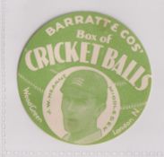 Trade card, Barratt's, Cricket Balls, type card, J.W. Hearne, Middlesex, circular paper issue (light