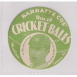 Trade card, Barratt's, Cricket Balls, type card, J.W. Hearne, Middlesex, circular paper issue (light