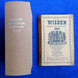 Cricket, 2 editions of Wisden Cricketers' Almanack, 1945 softback and 1947 (also a softback but