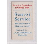 Cigarette card, Pattreiouex, Australian Cricket Tour Fixtures 1934, fold-out card (gd) (1)