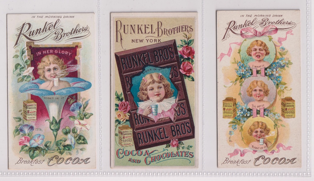 Trade cards, USA, Runkel Brothers, three different advertising cards, late 1800's (gd/vg) (3)