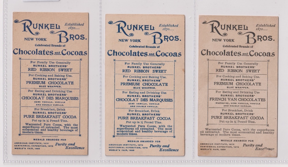 Trade cards, USA, Runkel Brothers, three different advertising cards, late 1800's (gd/vg) (3) - Image 2 of 2