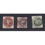 Stamps, GB QV set of 3 embossed issues SG55, 57 and 58 used. 1/- green is a 4 good to close margin