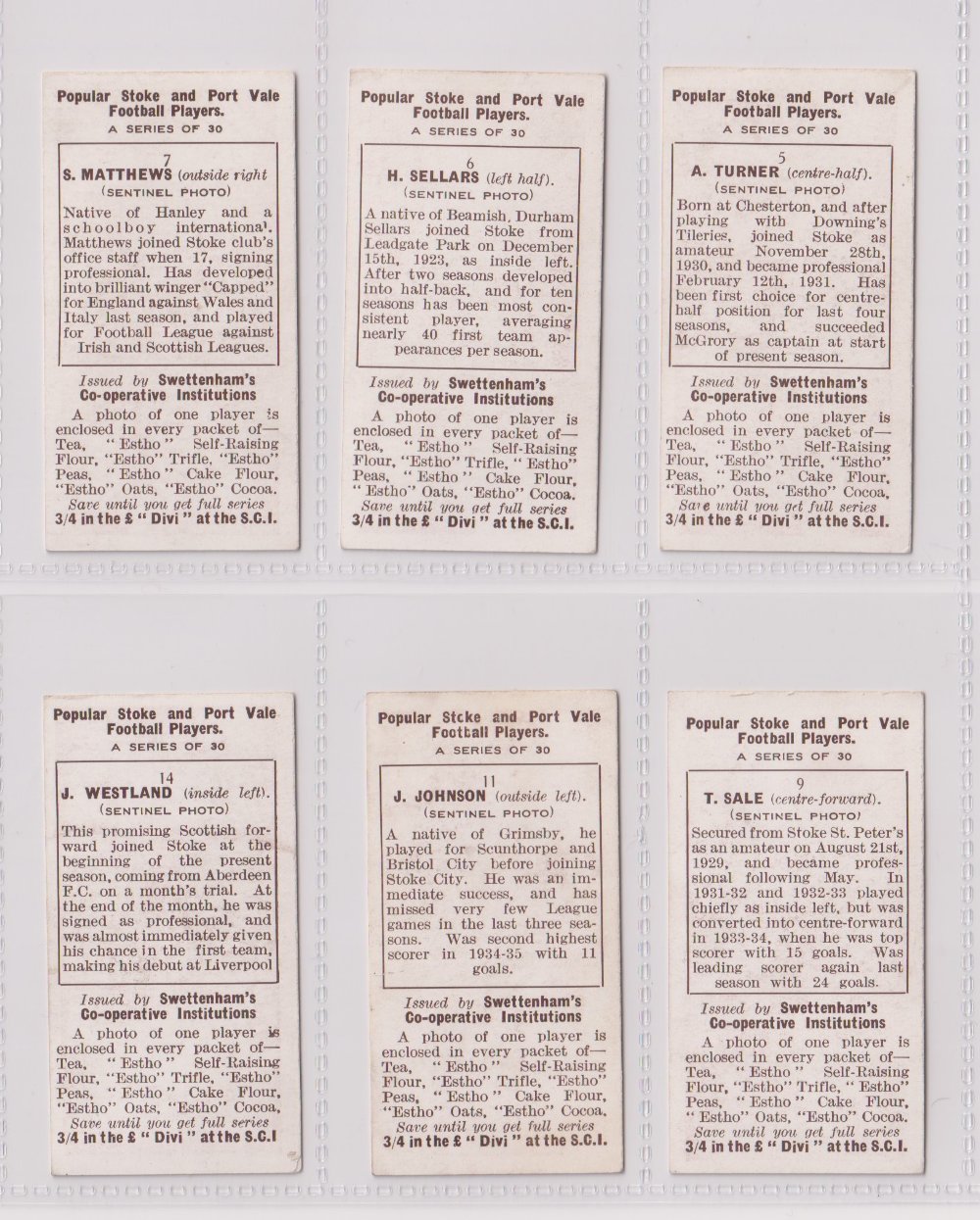 Trade cards, Swettenham, Popular Stoke & Port Vale Footballers, six cards, all Stoke City, nos 5, 6, - Image 2 of 2