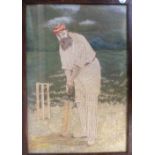 Cricket, W.G. Grace, an unusual late C19 embroidered wool picture of Grace batting, the background