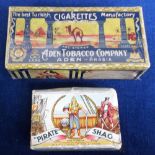 Cigarettes & tobacco packets, two 'Live' (full) packs, unopened tin of 100 Aden Tobacco Co