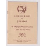Olympics, Winter Olympics 1932, Lake Placid, 36-page general rules booklet and programme giving