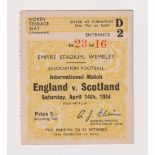 Football ticket, England v Scotland, 14 April, 1934, Wembley Stadium (gd) (1)
