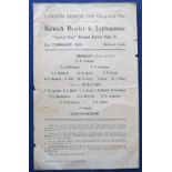 Football programme, single sheet programme for Dulwich Hamlet v Leytonstone, London Senior Cup